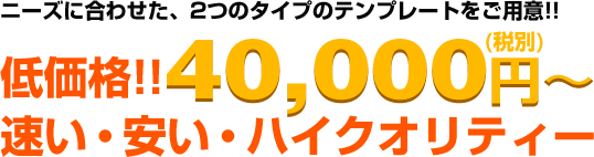 ニーズに合わせた、2つのタイプのテンプレートをご用意!!低価格!!40,000円(税別)~速い・安い・ハイクオリティー